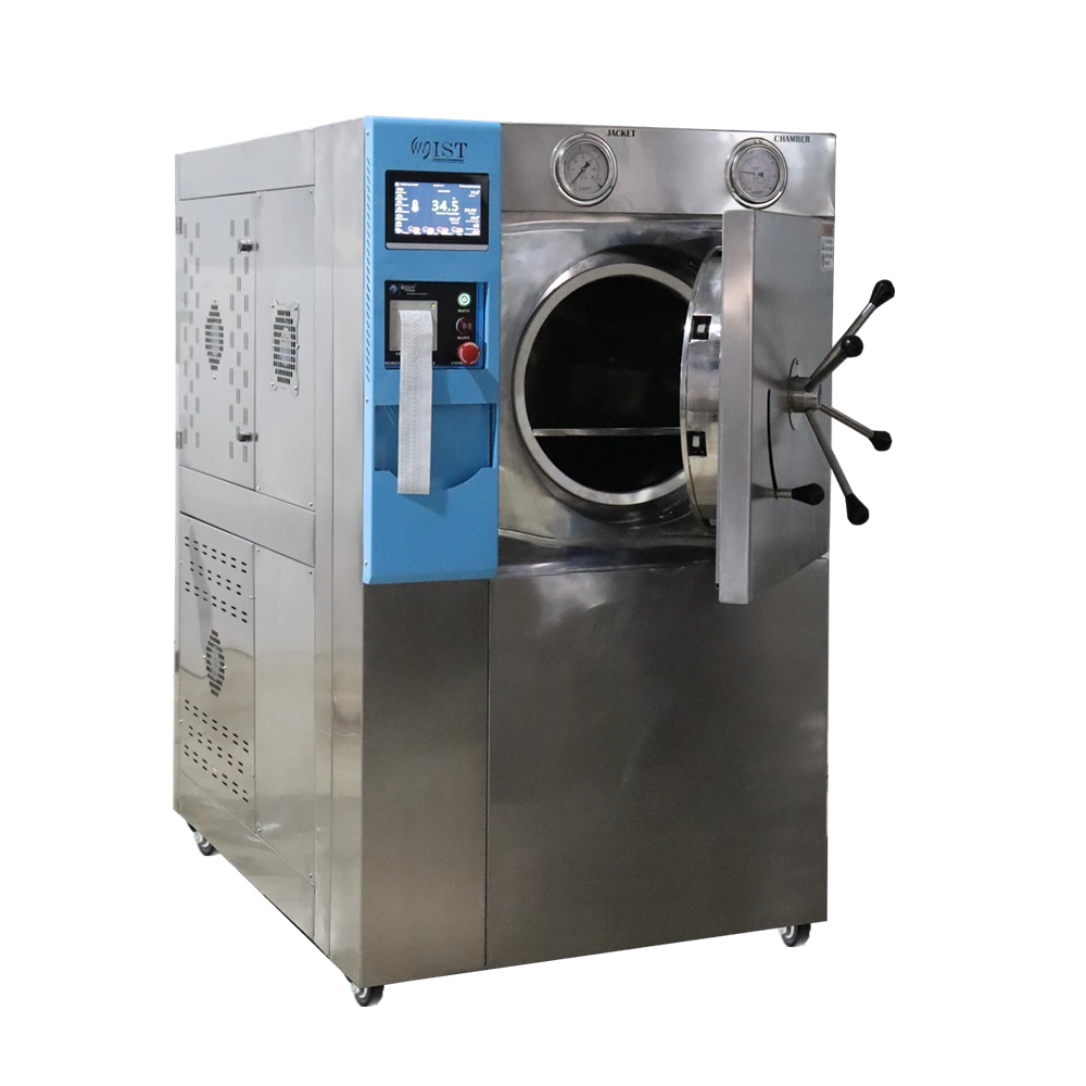 A WIST horizontal cylindrical steam sterilizer with its large circular door open, revealing the inner chamber for sterilizing medical or lab equipment.