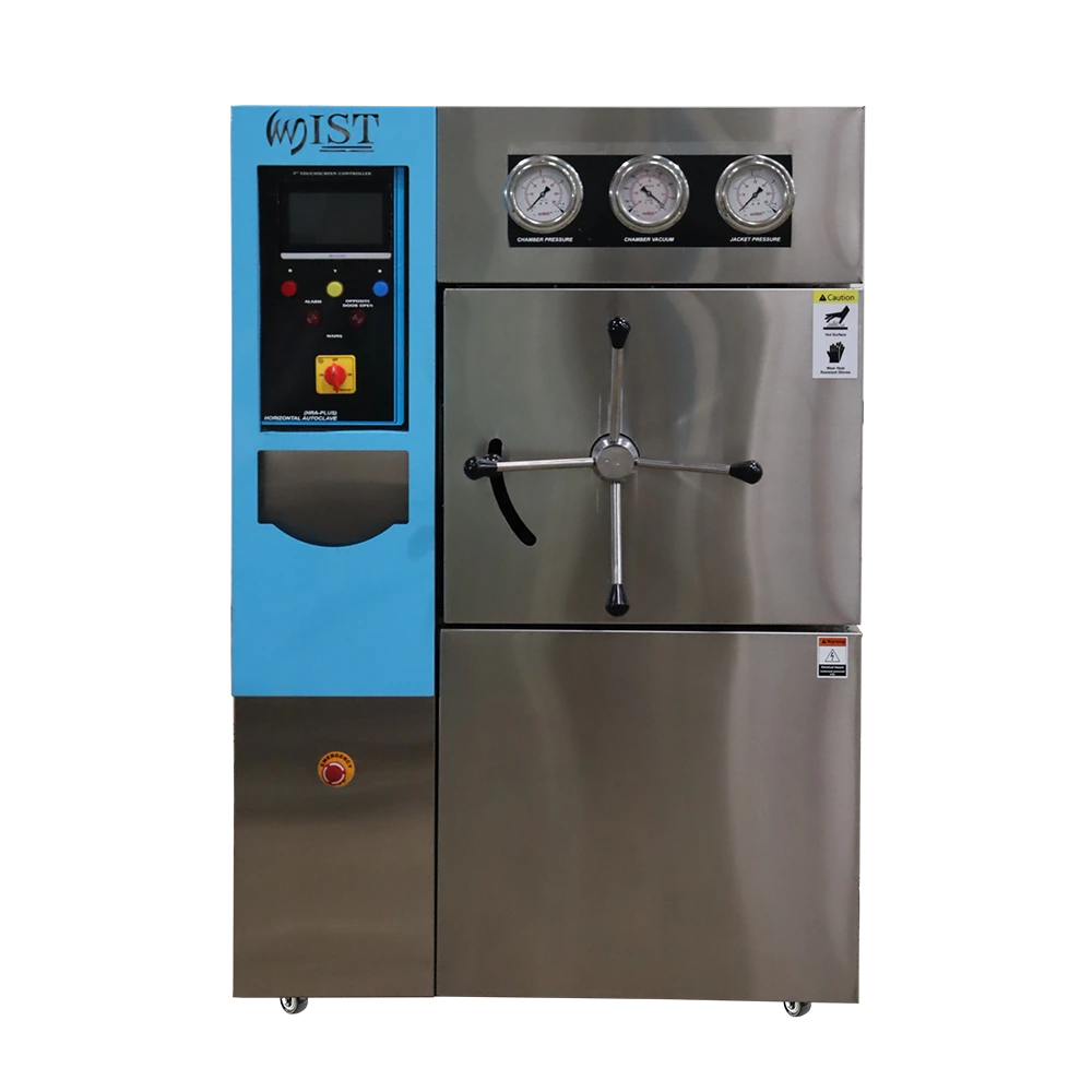 Front view of a WIST horizontal rectangular autoclave, equipped with a PLC controller and multiple pressure gauges for precise hospital sterilization cycles.