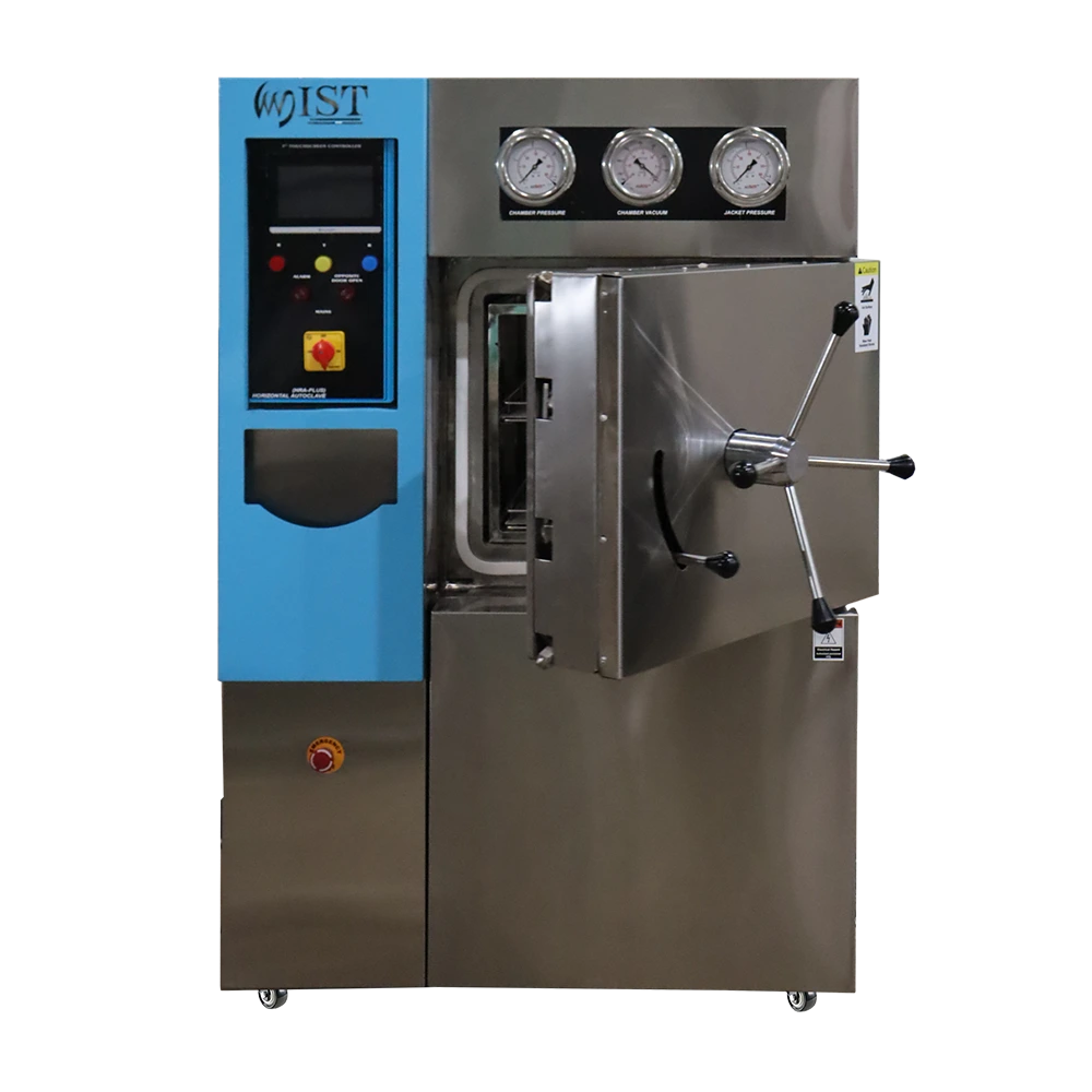 WIST large-capacity horizontal rectangular steam sterilizer with its chamber door open, designed for high-throughput pharmaceutical and hospital use.