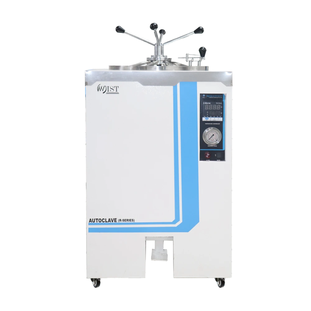 Front view of a WIST R-Series vertical autoclave sterilizer, featuring a digital control panel and a secure radial arm locking lid for laboratory use.
