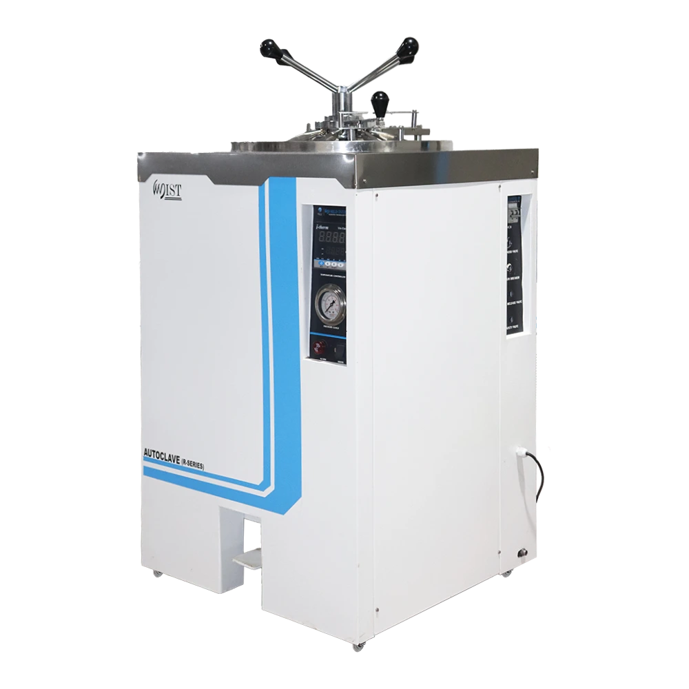 A WIST top-loading vertical laboratory autoclave with a radial arm lock, shown from a three-quarter angle to display its compact and mobile design.