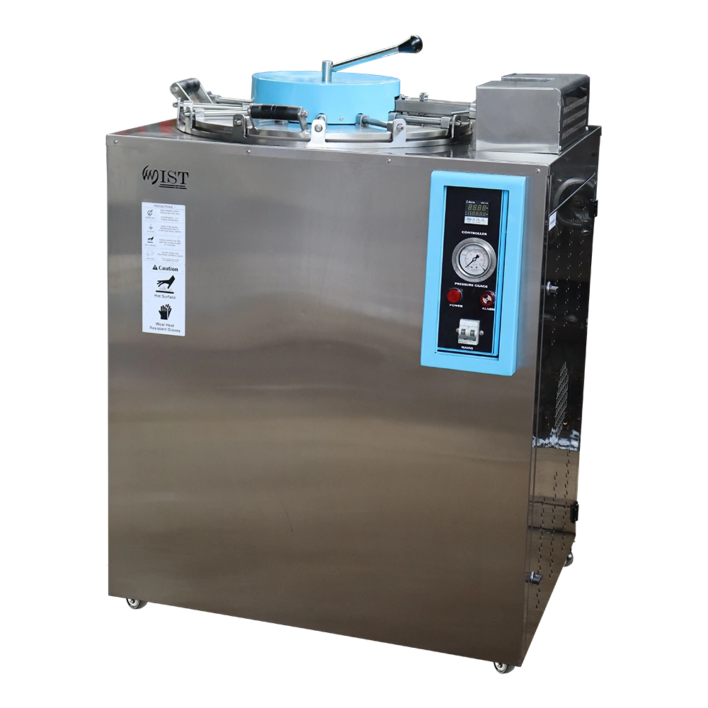 Three-quarter view of a modern WIST vertical steam sterilizer featuring a stainless steel body, a user-friendly digital controller, and a secure single-lever lid.