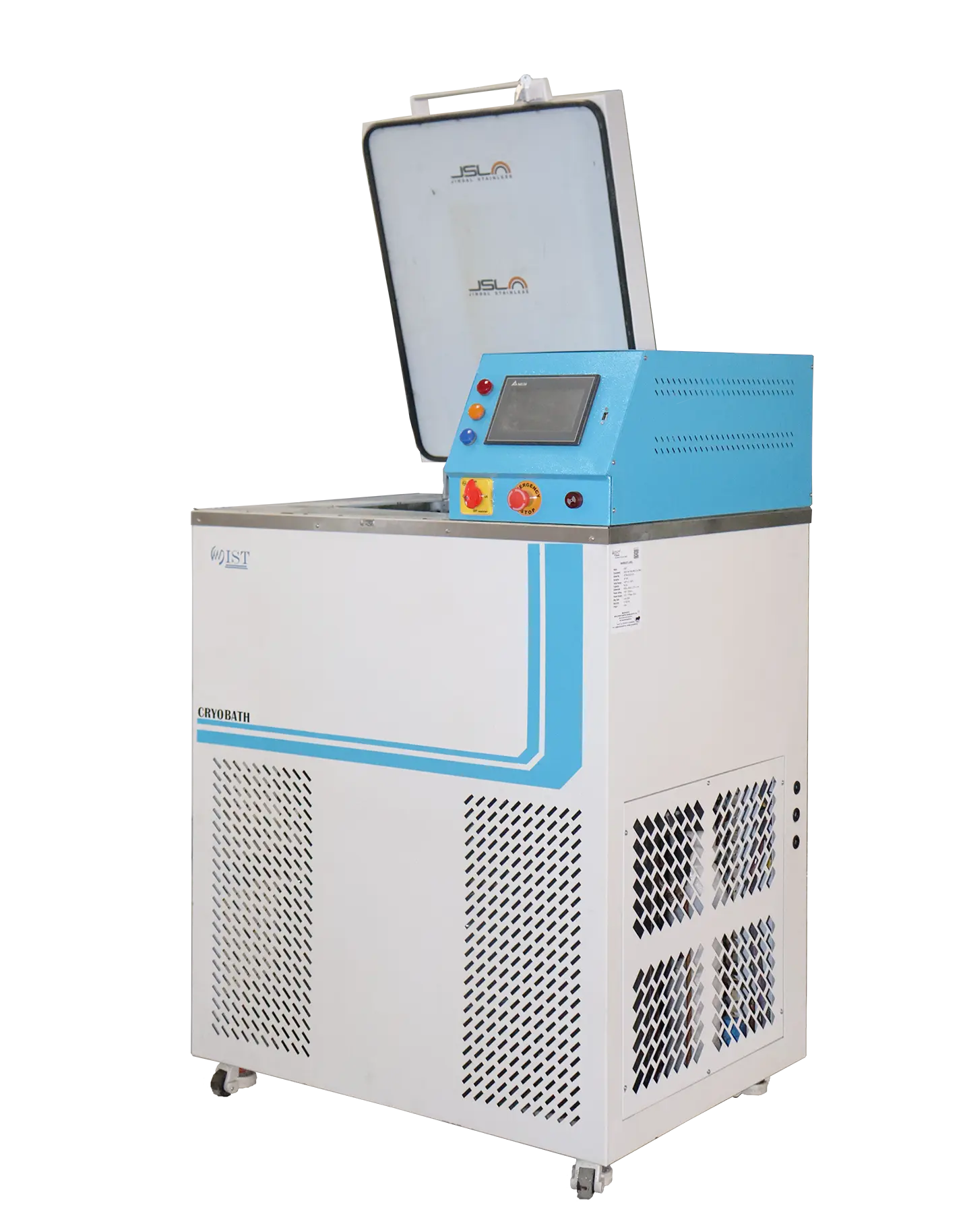 A WIST laboratory cryo bath with its insulated lid partially open, showing the stainless steel tank and advanced temperature control unit.