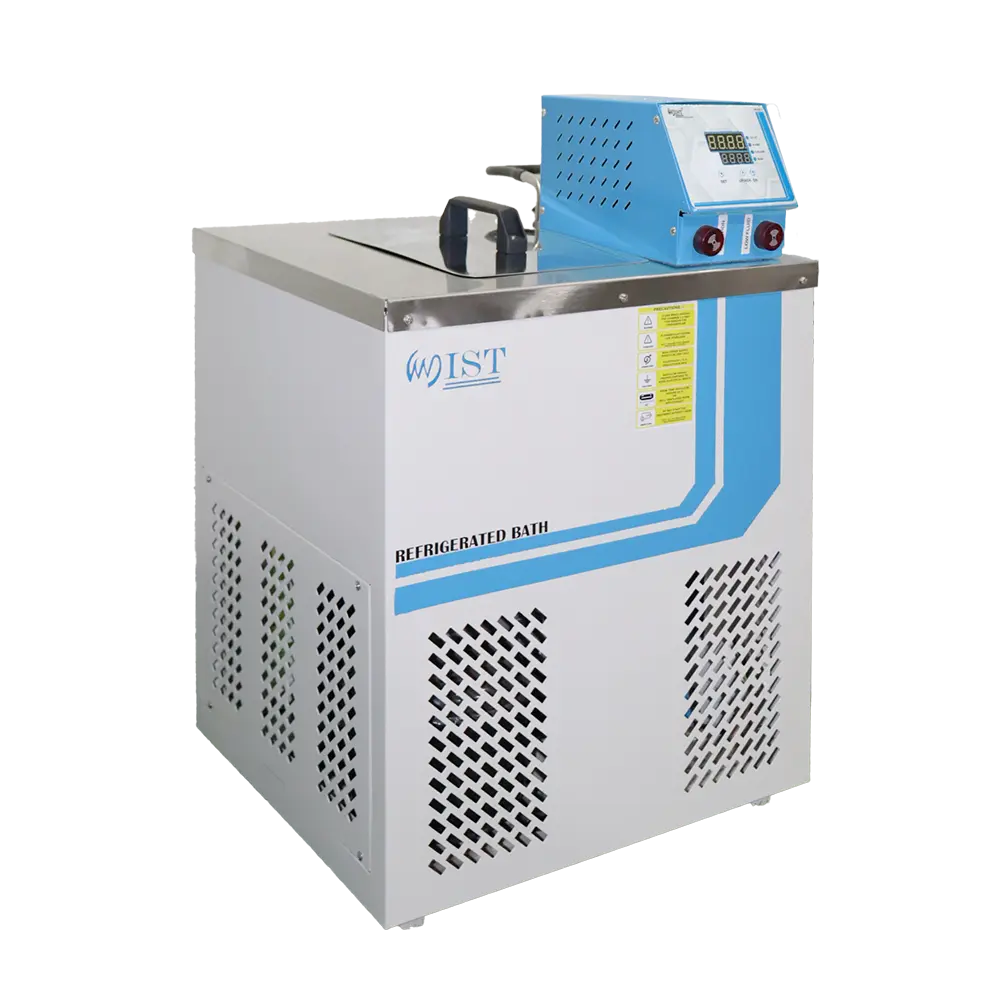 A WIST refrigerated circulating bath shown from the side, highlighting the immersion circulator and stainless steel tank for laboratory applications.