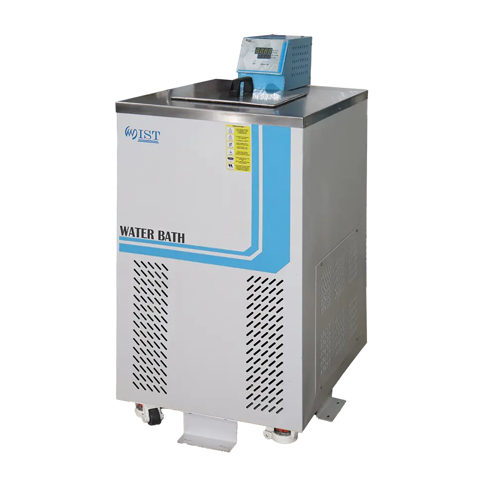 A WIST circulating water bath for laboratory heating applications, shown from a three-quarter angle with its digital temperature control unit.