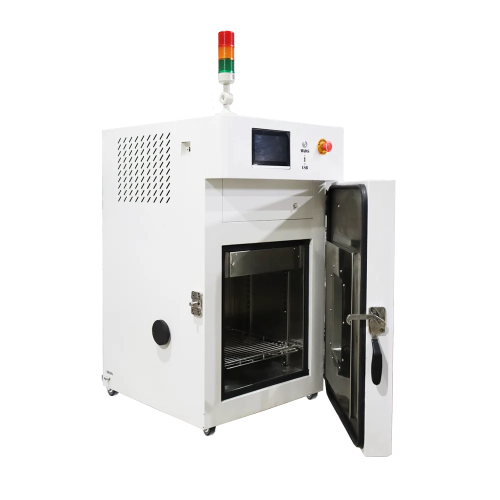 A WIST compact temperature and humidity test chamber shown with the door open from a three-quarter angle, displaying the interior shelf and a side access port.