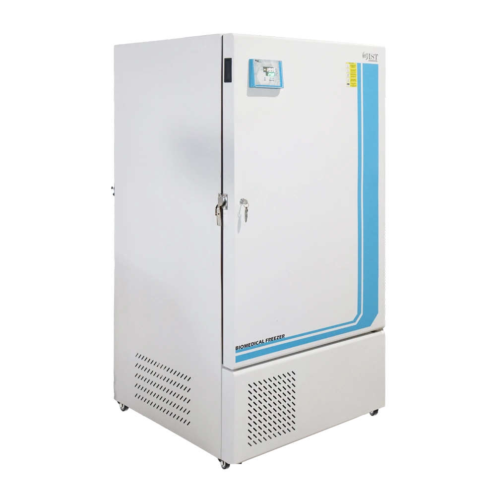 Angled view of a WIST Upright Biomedical Freezer with a white exterior and blue stripe accent, for critical blood bank or lab specimen storage.