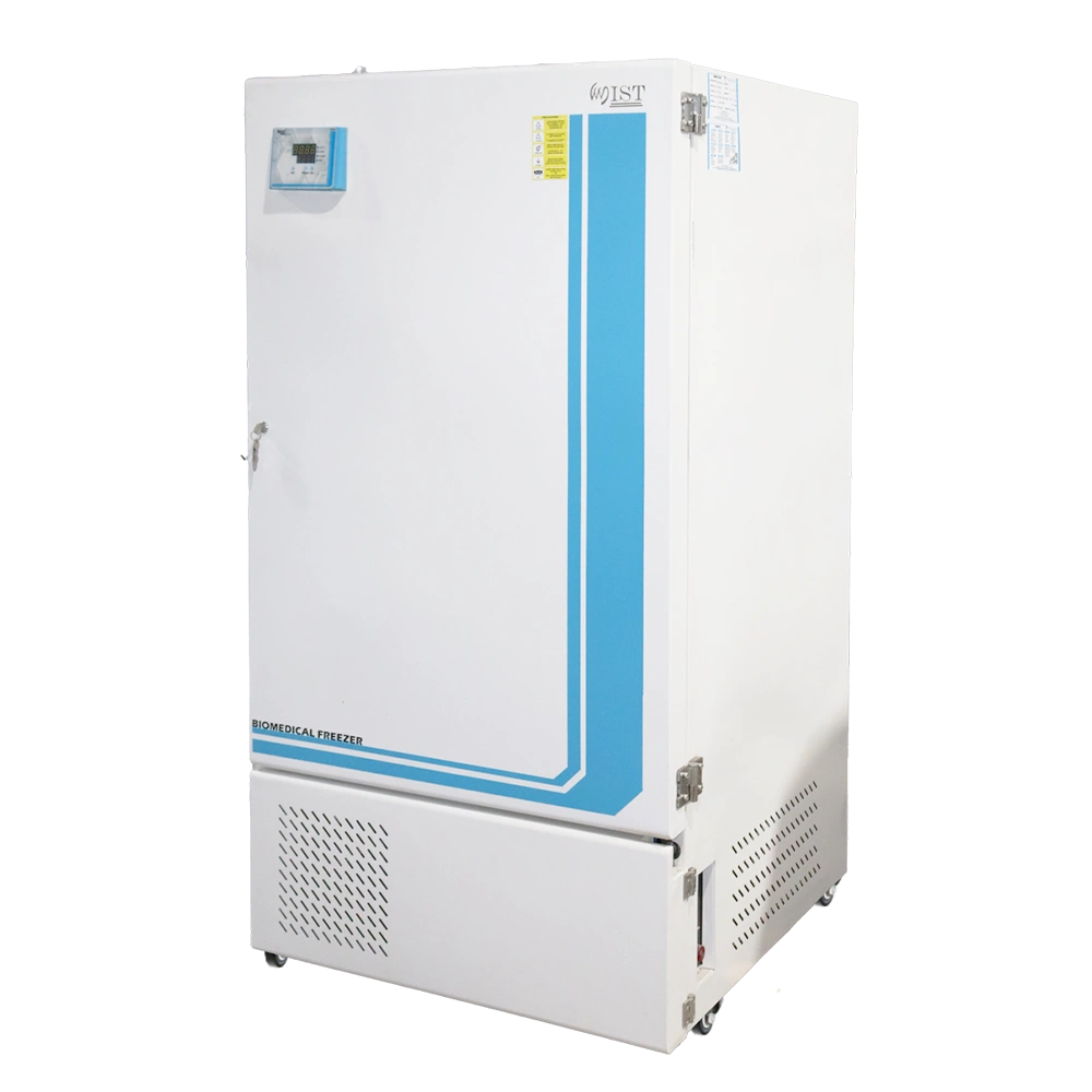Side-angled view of a WIST Biomedical Freezer with top digital control, essential for stable cold chain management in research and healthcare.