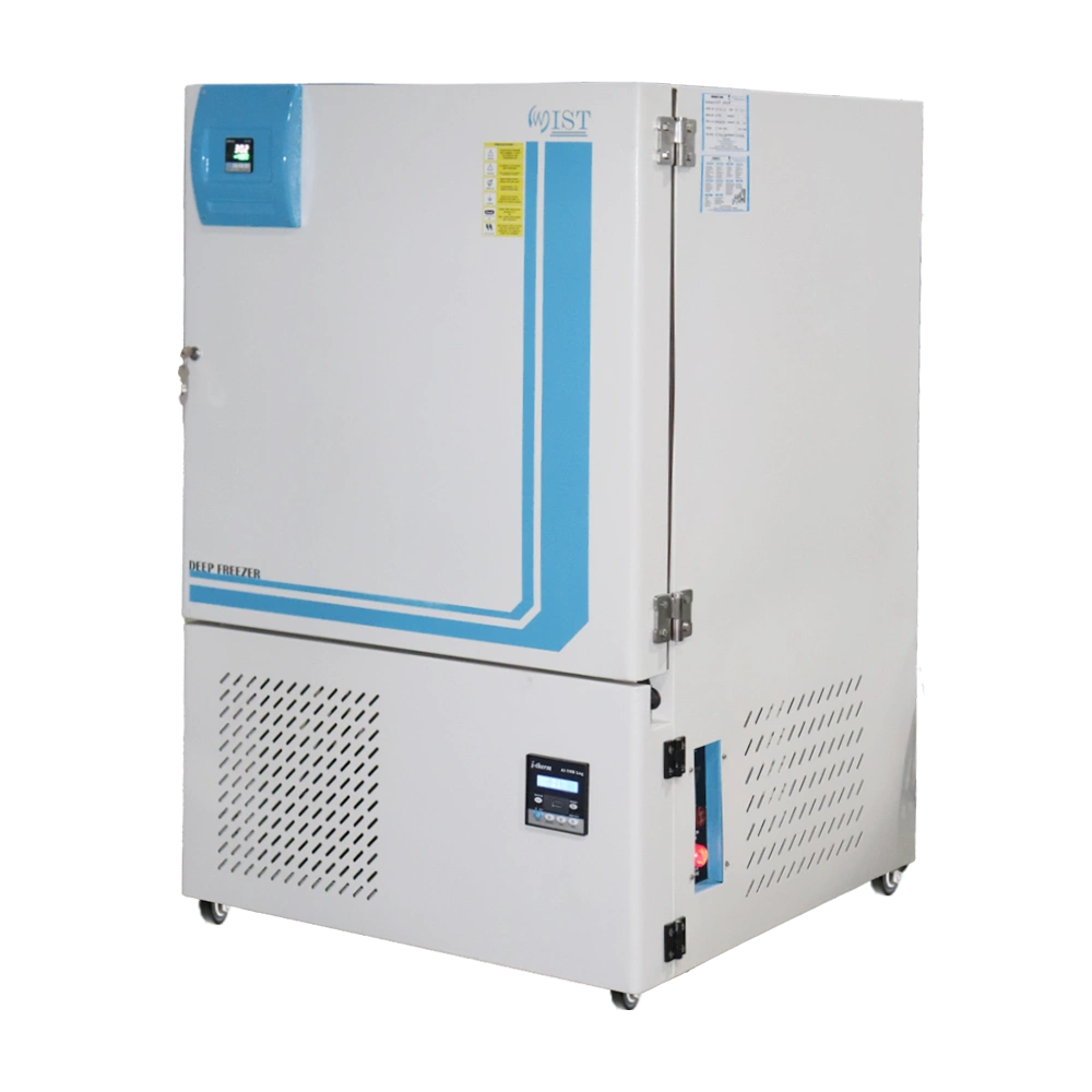 WIST Chest Deep Freezer model with front lower control panel, used for sample storage in research labs and hospitals.