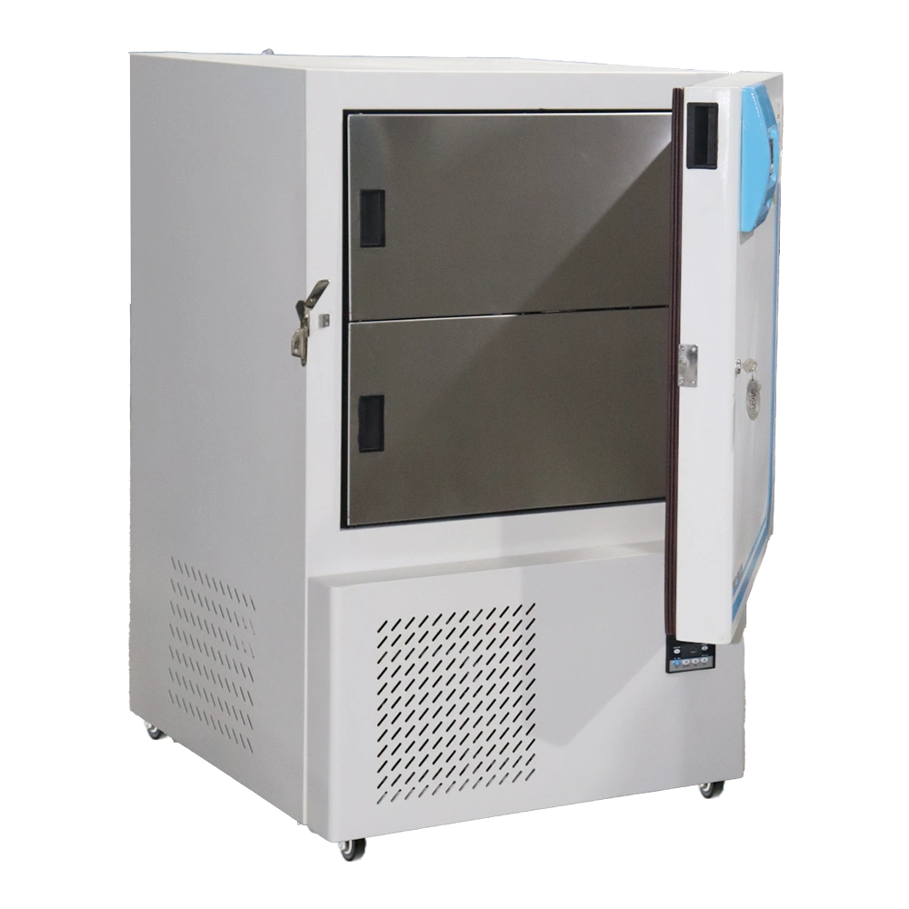 WIST Deep Freezer with two stainless steel interior compartments (drawers/doors) and external control panel, showing secure medical storage.