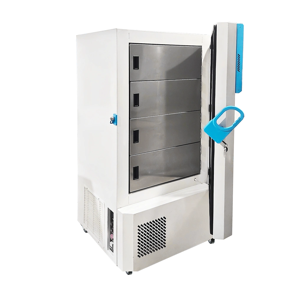 WIST ULT Freezer with a large, side-mounted handle and four stainless steel internal storage compartments for secure ultra-low temperature storage.