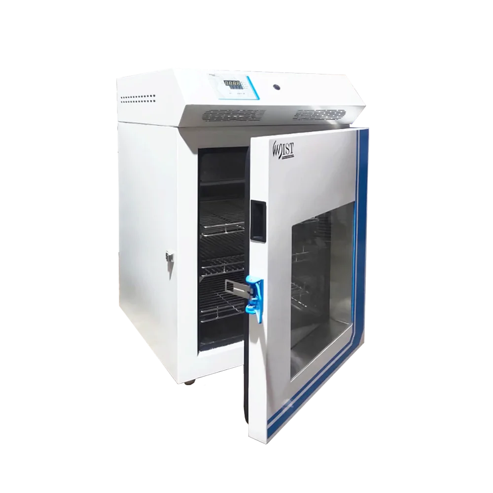 Angled view of a WIST Bacteriological Incubator with the door ajar, highlighting the blue accents and robust build for reliable sample incubation in a research lab.