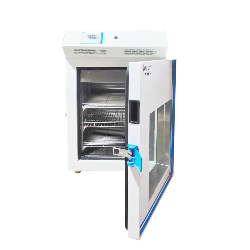 WIST Bacteriological Incubator with its door open, revealing adjustable wire shelving and the inner glass door for precise temperature control and bacterial growth.