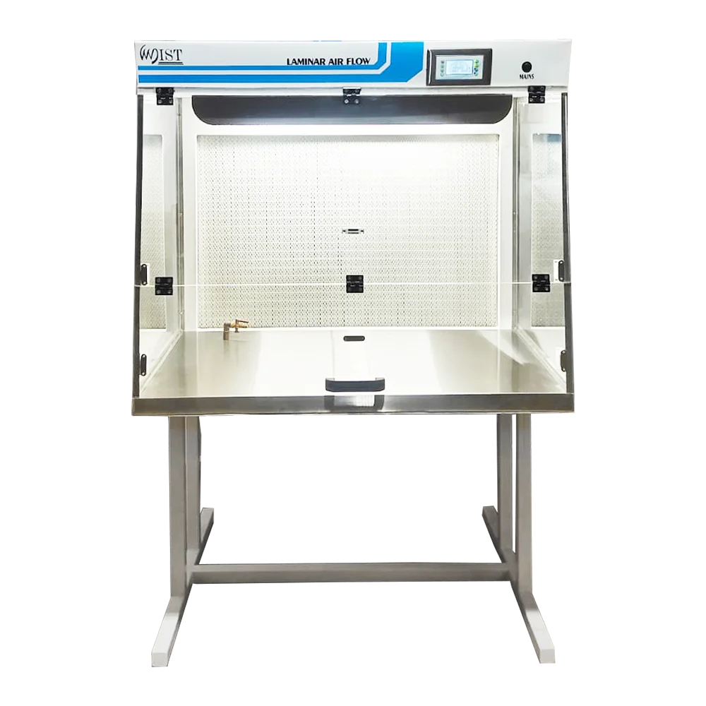 WIST Laminar Air Flow Bench with illuminated blue HEPA filter background, showing the work area for sterile compounding and non-hazardous applications.
