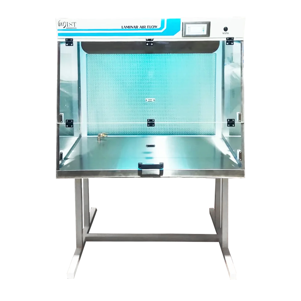 Front view of a WIST Laminar Air Flow Hood with a stainless steel work surface and clear front sash, providing a Class 100 clean air environment for product protection.