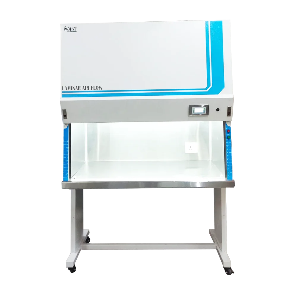 Upright WIST Vertical Laminar Air Flow Cabinet with a clear protective sash and digital controller, used for maintaining sample sterility in pharmaceutical research.