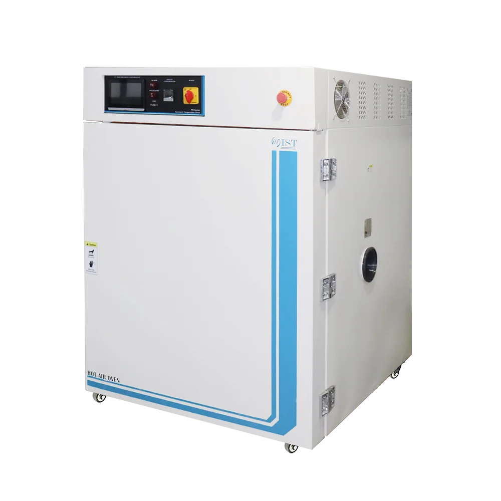 Side-angled view of a large WIST Forced Air Oven with heavy-duty latches and an air vent, designed for uniform high-temperature testing and drying applications.