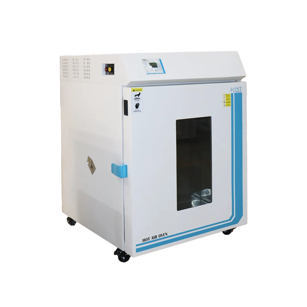 Angled view of a WIST Hot Air Oven with a viewing window and digital control panel, used for laboratory sterilization and general drying processes.