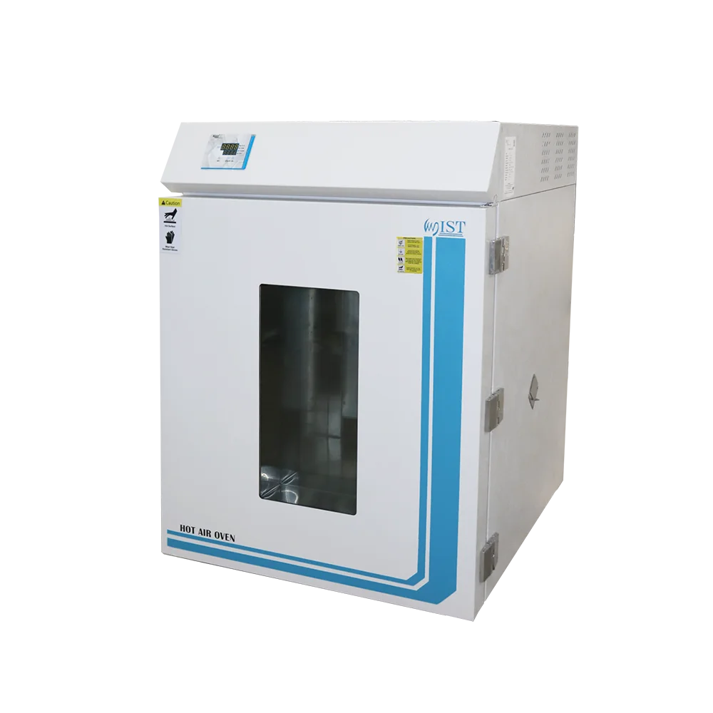 Front view of a WIST Hot Air Sterilization Oven featuring a clear glass door and a blue accent stripe, essential for dry heat sterilization in a research lab.