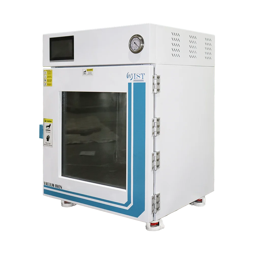 Angled view of a WIST Vacuum Drying Oven featuring a top gauge and side control screen, used for degassing and heat-sensitive material processing.