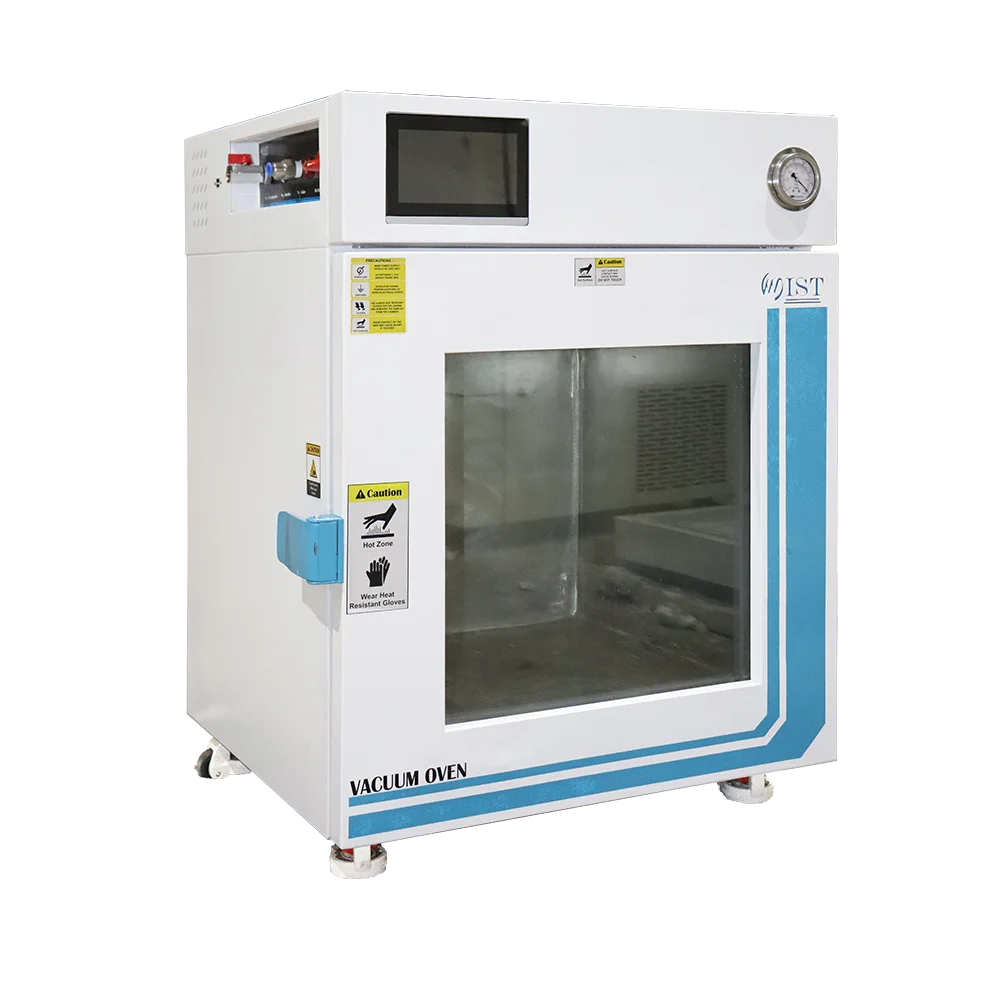 Front-angled view of a WIST Vacuum Oven showing the digital screen, pressure gauge, and safety warnings, optimized for moisture content analysis and oxidation prevention.