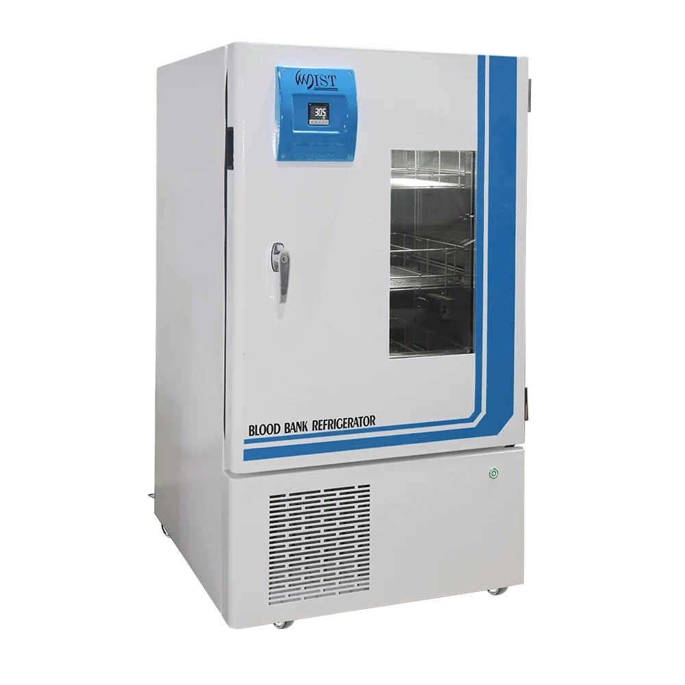 Angled view of a WIST Blood Bank Refrigerator with a large handle and top-mounted digital display, designed for AABB standards and critical temperature stability for blood products.