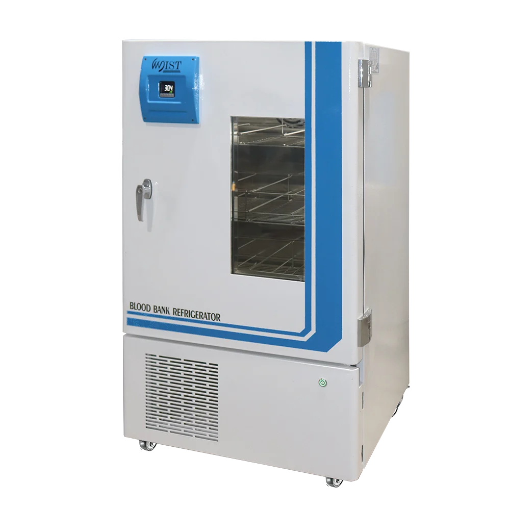 Side view of a compact WIST Blood Bank Refrigerator on wheels, showing the inner racks through the door window, vital for hospitals and transfusion centers.