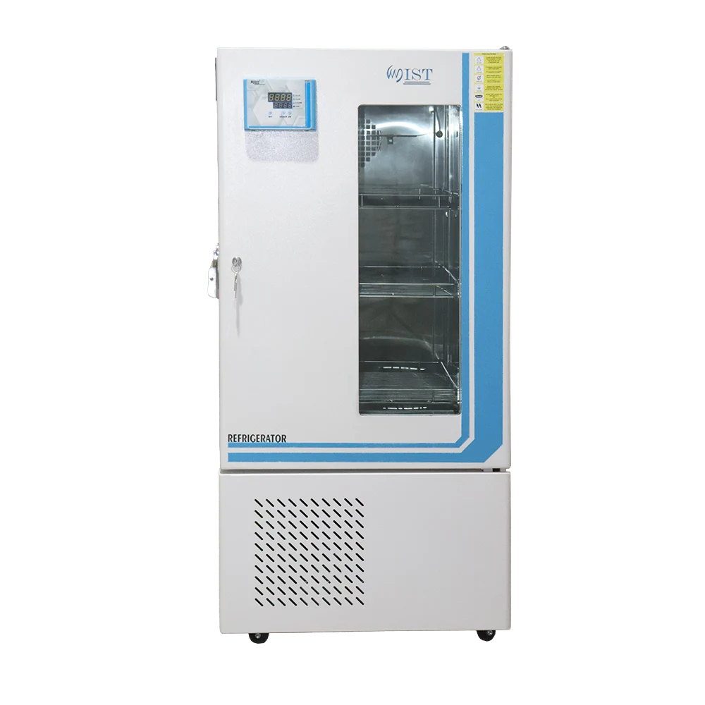 Front view of a WIST Laboratory Refrigerator with digital controller, key lock, and vertical viewing window, ideal for pharmaceutical or media storage.