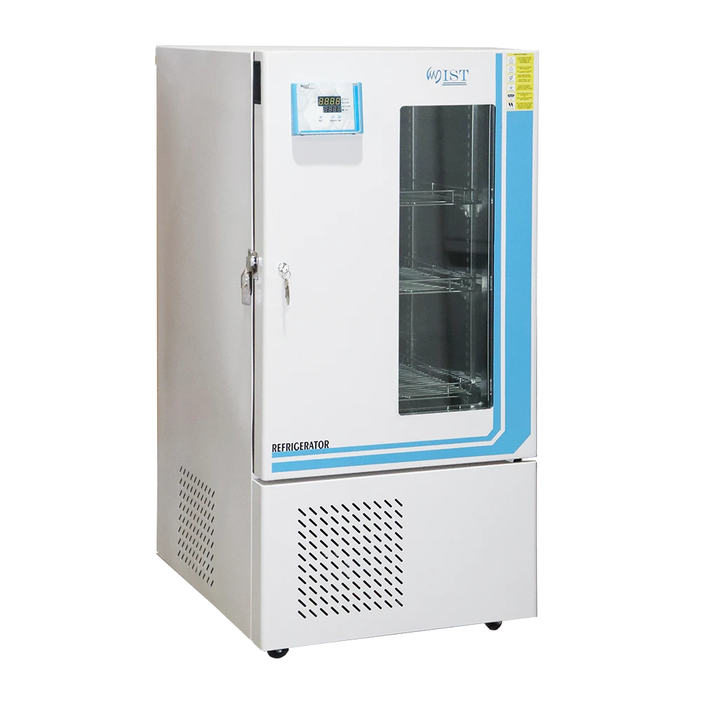 Angled view of a WIST Upright Lab Refrigerator showing the adjustable shelves visible through the glass section, used for sample preservation and critical temperature stability.