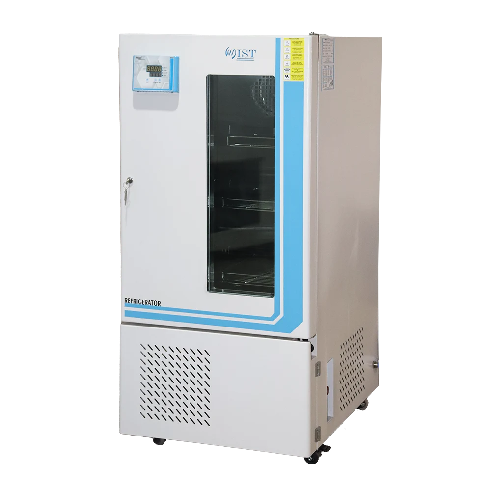 Side-angled view of a WIST High-Performance Laboratory Refrigerator with top digital temperature display, essential for vaccine storage and clinical trials.