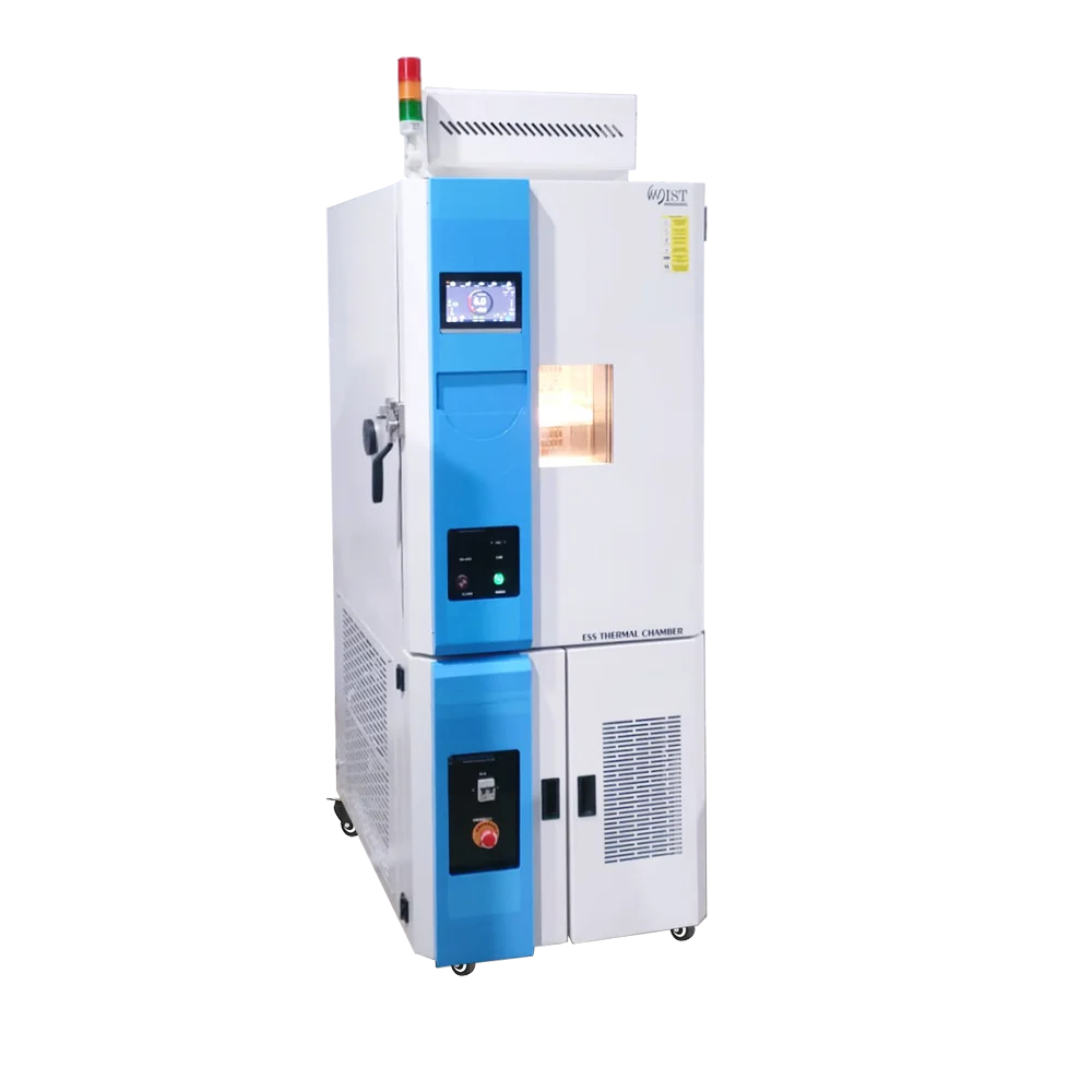Angled view of a WIST ESS Thermal Chamber on wheels, featuring a safety light tower and emergency stop button for high-performance temperature simulation in electronics testing.